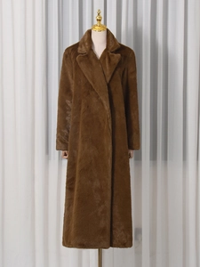 Elegant long dark brown faux fur wool coat for women with large lapels and plush texture