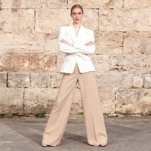 Chic white double-breasted blazer and khaki wide-leg pants outfit set for women