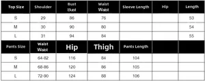 Detailed size chart for women's vest and trousers set with measurements for S, M, and L sizes