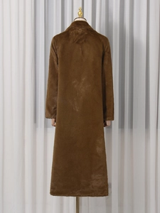 Elegant deep brown long faux fur wool coat for women with minimalist back view design