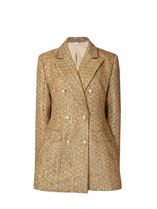 French style gold textured tweed double-breasted blazer with pearl buttons for women