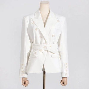 Detail of white double-breasted blazer showing waist belt and structured lapels