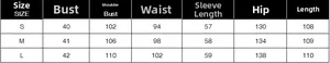 Detailed size chart for women loose wool coat including bust shoulder and length measurements