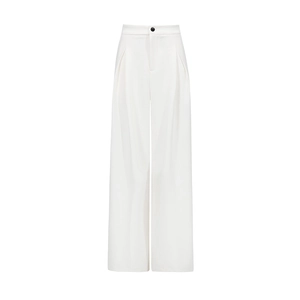 Detail of high-waist white wide-leg trousers with elegant black button and pleated design