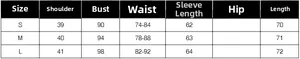 Size chart table for women minimalist blazer showing shoulder bust and sleeve length details