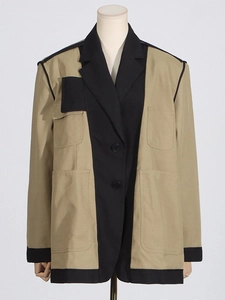 Minimalist khaki and black color-block blazer coat with four pockets and tailored fit