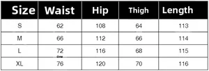 Size guide table for women's patchwork denim jeans showing waist and hip measurements