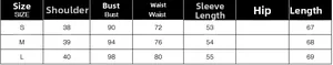 Detailed size chart for women's blazer showing shoulder, bust, waist, and sleeve measurements