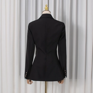 Detail of slim-fit black blazer back showing tailored waist and buttoned sleeve cuffs