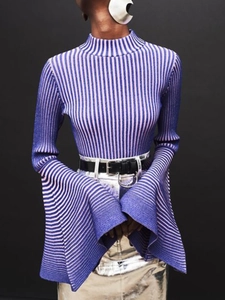 Maglione da Donna a Righe Slim Fit con Collo Alto Eleganti Maniche a Campana Lunghe Pullover a Costine Top alla Moda