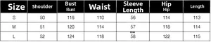 Detailed size chart for street style long leather trench coat with measurements S to L