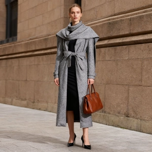 Detail of grey tweed trench coat with detachable shawl and belted waist for women