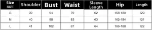 Detailed size chart for stylish long trench coat with shoulder and bust measurements
