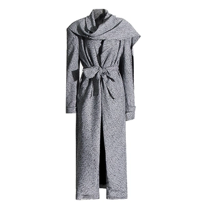Detail of grey melange coat featuring a large shawl collar and matching waist tie belt
