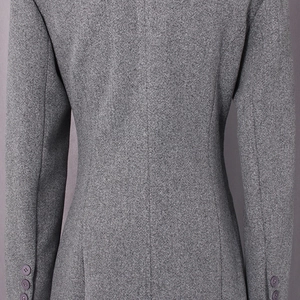 Detailed back view of a grey wool blend coat showing slim fit tailoring and button cuffs
