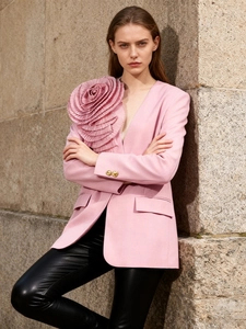 Women Elegant 3D Flower Blazer Jacket V Neck Single Button Solid Color Slim Fit Commuting Suit Coat For Party Office