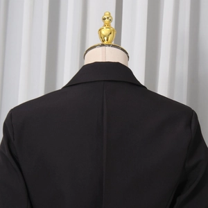 Macro shot of the back seam and high-density fabric detail on this black blazer