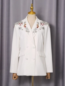 Weiße zweireihige Blazerjacke mit exquisiten farbigen Perlenstickereien und Pailletten details