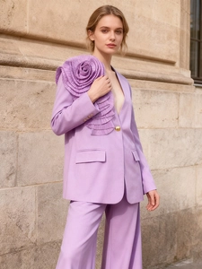 Lavender purple power suit with 3D floral accent and gold button for women
