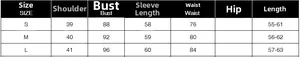 Detailed size chart for slim fit denim jacket including bust and shoulder measurements