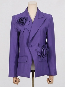 Elegant purple blazer featuring 3D dimensional flower accents and a single-breasted design