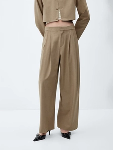 Damen Khaki Hose mit hohem Bund, weitem Bein und kurzem Blazer für das Büro und Freizeit