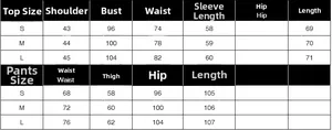 Detailed size chart for women's two-piece suit set with top and pants measurements