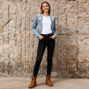 Urban denim jacket outfit with white tee, black slim jeans and brown boots on stone wall
