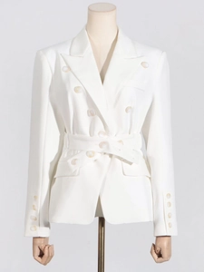 White double-breasted tailored blazer with waist belt and cream buttons for women