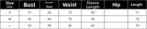 Detailed size chart for women's blazer showing measurements for S, M, and L sizes