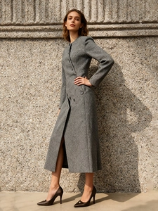Elegant grey irregular wool coat dress with side buttons and waist-slimming silhouette
