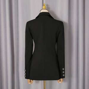 Detailed back view of a black slim-fit blazer showing waist tailoring and buttoned cuffs