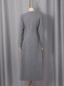 Elegant Korean style grey long wool coat for women with slim fit waist and A-line hemline
