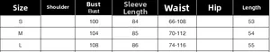 Detailed size chart for the off-shoulder sweater showing bust, sleeve, and waist dimensions