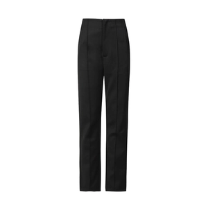 Detail of high-waist black dress pants with pressed front crease and straight leg design