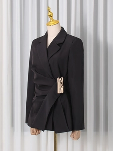 Slim fit black blazer with unique gold metal buckle and pleated waist detail