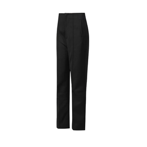 Detailed macro view of black high-waisted wide leg trousers with sharp front pleats and side pockets