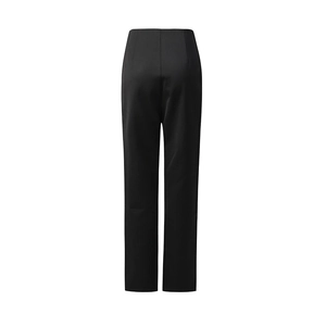 Rear view of elegant high-waisted black straight trousers with professional tailoring