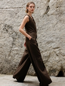 Women dark brown V-neck vest and wide-leg trousers suit set for a professional look