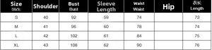 Detailed size guide table for women's blazer showing shoulder, bust, waist, and length measurements