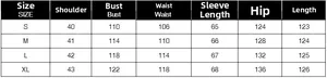 Detailed size chart for the long color-block blazer including bust and length measurements