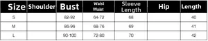 Size chart for women's denim jacket showing bust, waist, and length measurements