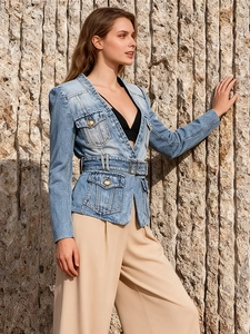 Women Urban Temperament Slim Fit Denim Jacket Washed Blue Peplum Hem Outerwear With Belt Lion Head Buttons Long Sleeve Top