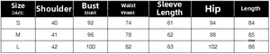 Tableau des tailles détaillé pour robe blazer femme montrant les mesures S, M, L en centimètres