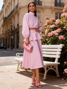 Ensemble Femme Style Doux Français Manches Lanternes Haut Col Demi-Haut et Jupe Midi à Volants Rose Élégant