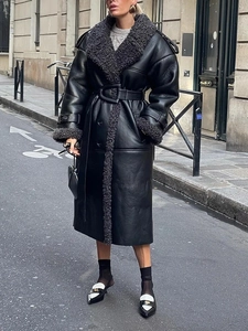 Women Fashion Faux Leather Long Coat Sherpa Trim Belted Windbreaker Thickened Warm Trench Coat Autumn Winter Outerwear