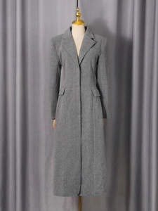 Elegant grey wool blend long coat with notch lapel and flap pockets for women