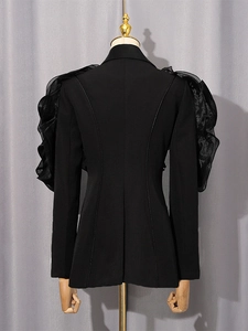Elegant black slim-fit blazer with ruffled design details for a formal commute style