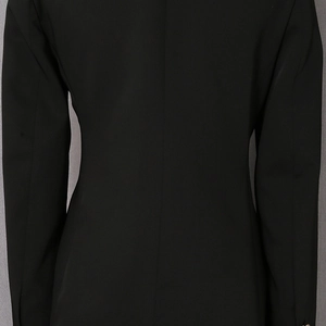 Detail view of the tailored back seam and slim fit cut of a black commuter blazer jacket