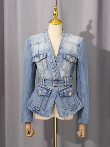 Gradient blue denim peplum blazer with V-neck design and metallic belted waistline
